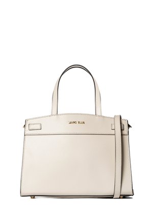 Sac à main en cuir beige au design structuré, avec double anses supérieures, bandoulière détachable, finition dorée et surpiqûres contrastées.