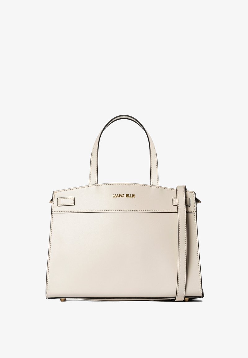 Sac à main en cuir beige au design structuré, avec double anses supérieures, bandoulière détachable, finition dorée et surpiqûres contrastées.