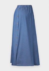 Denim maxi skjørt med elastisk liv, foran knappestolpe, sidesprekk og en ensfarget mørkeblå farge. Lett stofftekstur.