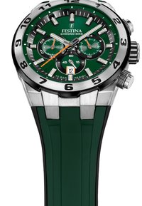 Festina Chrono Bike pulkstenis ir ar zaļu ciparnīcu, nerūsējošā tērauda korpusu, gumijas siksnu un hronogrāfa subciparnīcus. Ūdensizturīgs līdz 10 bāriem.