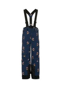 Navyblauwe sneeuwbroeken met verstelbare zwarte bretels, versierd met een speelse skikarakterpatroon en zwarte accenten op de enkels.