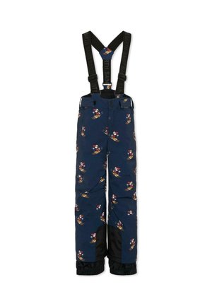 Navyblauwe sneeuwbroeken met verstelbare zwarte bretels, versierd met een speelse skikarakterpatroon en zwarte accenten op de enkels.