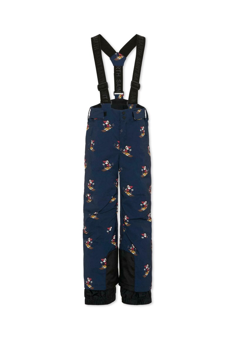Navyblauwe sneeuwbroeken met verstelbare zwarte bretels, versierd met een speelse skikarakterpatroon en zwarte accenten op de enkels.