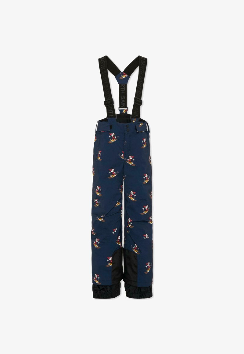 Navyblauwe sneeuwbroeken met verstelbare zwarte bretels, versierd met een speelse skikarakterpatroon en zwarte accenten op de enkels.