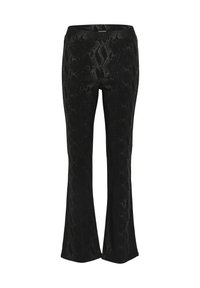 Zwarte uitlopende broek met een gestructureerd slangenprintpatroon, elastische tailleband, zachte stof en een aansluitende pasvorm.
