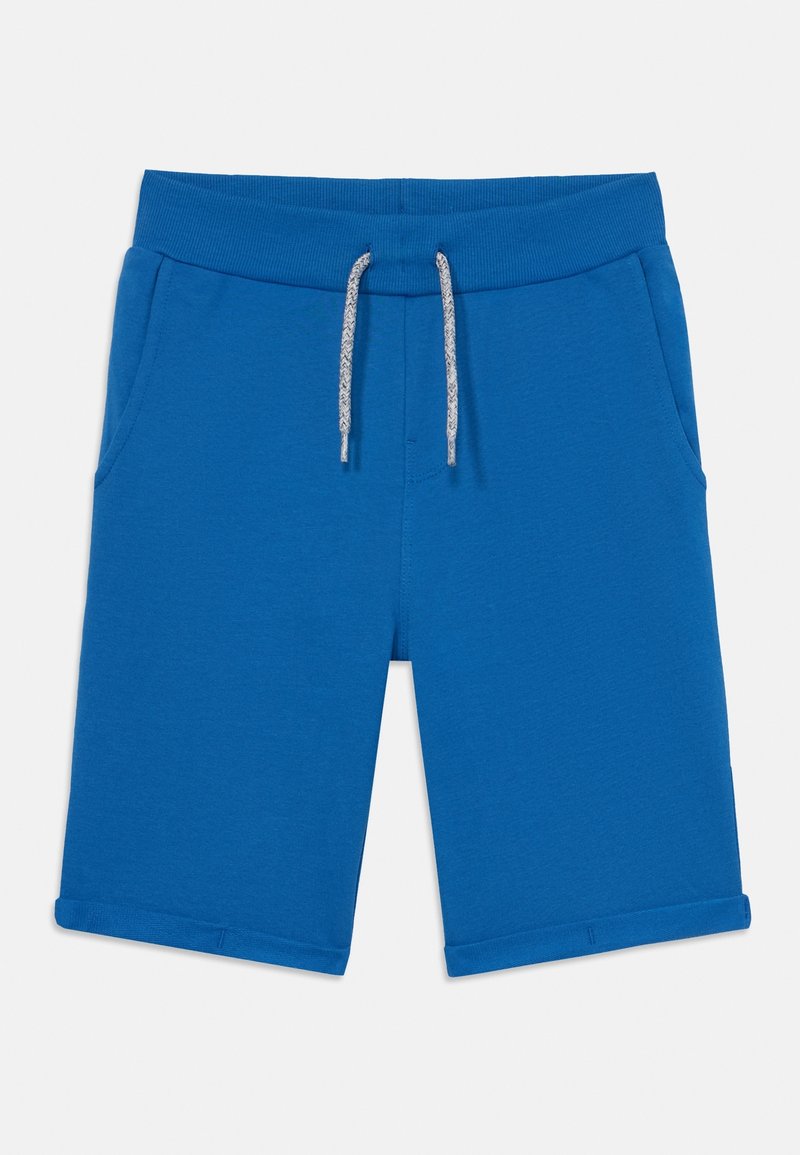 Short en coton bleu avec taille élastique et cordon blanc, avec poches latérales et ourlet roulé.