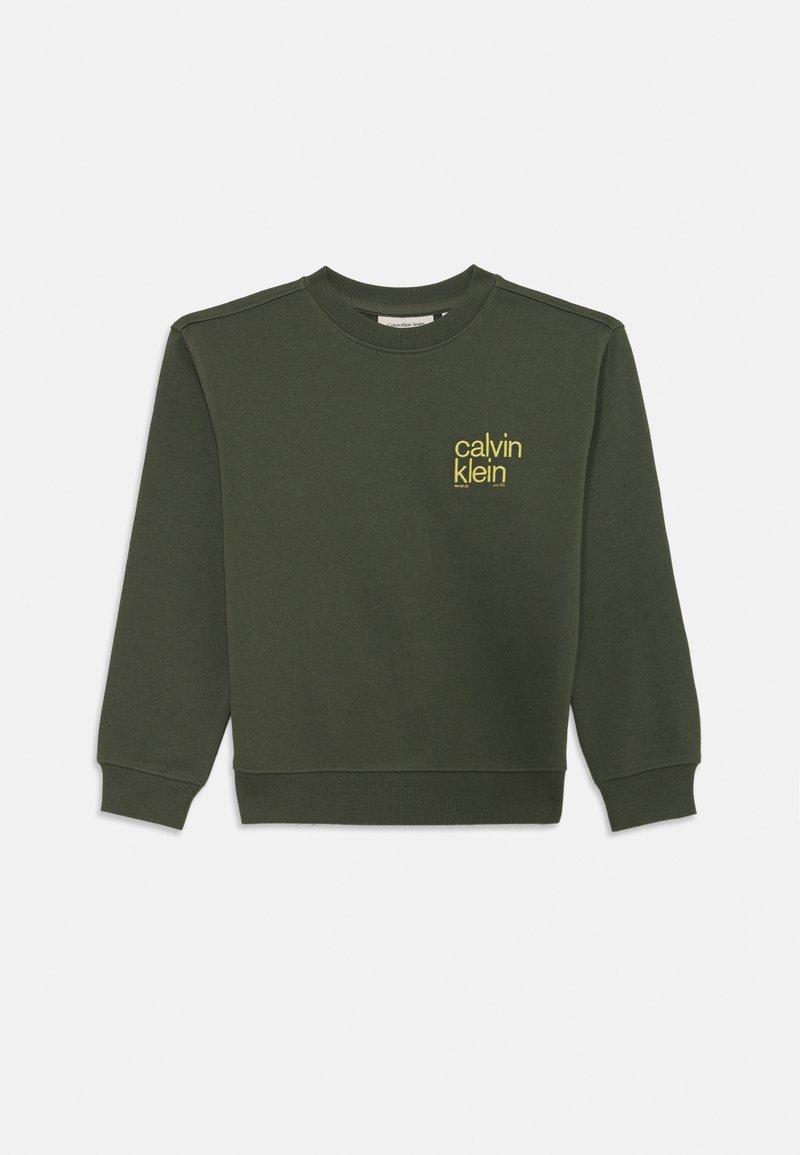 Felpa verde oliva in cotone con maniche lunghe, polsini e orlo a coste, con logo giallo sul petto. Design semplice a girocollo.