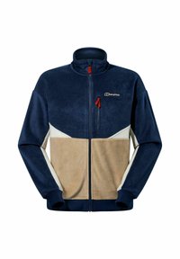 Fleecejacke mit Farbblocks in Marineblau, Creme und Beige. Stehkragen mit Reißverschluss, roten Akzenten und Logo auf der Brusttasche.