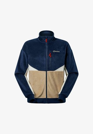 Fleecejacke mit Farbblocks in Marineblau, Creme und Beige. Stehkragen mit Reißverschluss, roten Akzenten und Logo auf der Brusttasche.