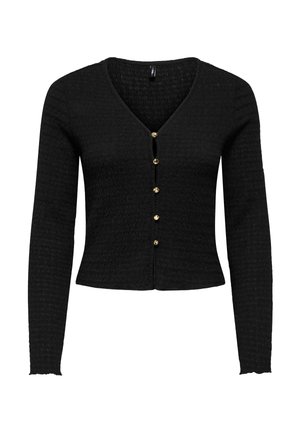 Cardigan court noir à manches longues avec tissu texturé, encolure en V et six boutons dorés sur le devant.