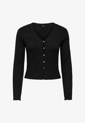 Cardigan court noir à manches longues avec tissu texturé, encolure en V et six boutons dorés sur le devant.