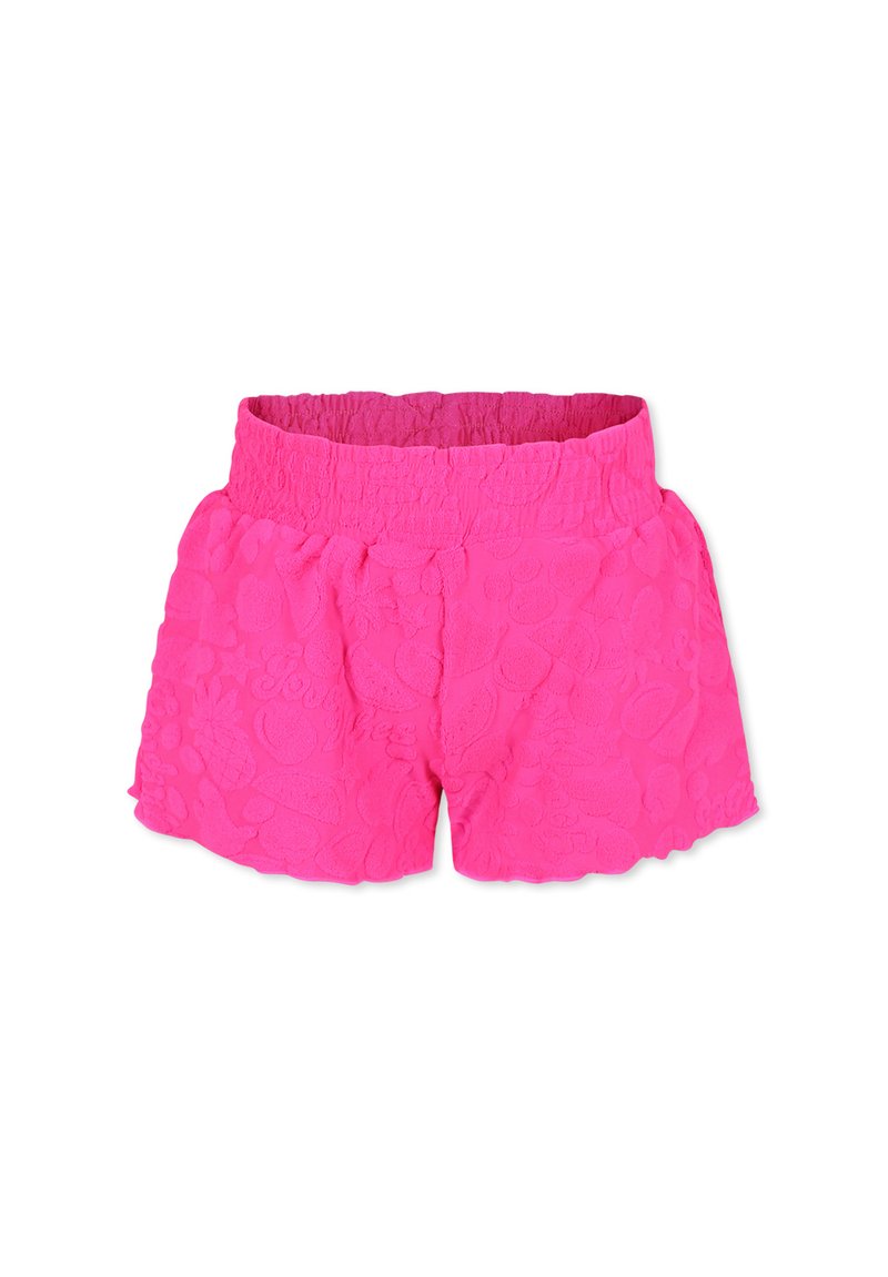 Rosa, texturerade shorts med elastisk midja, som har ett upphöjt fruktmönster. Kort nederkant och avslappnad passform för komfort.