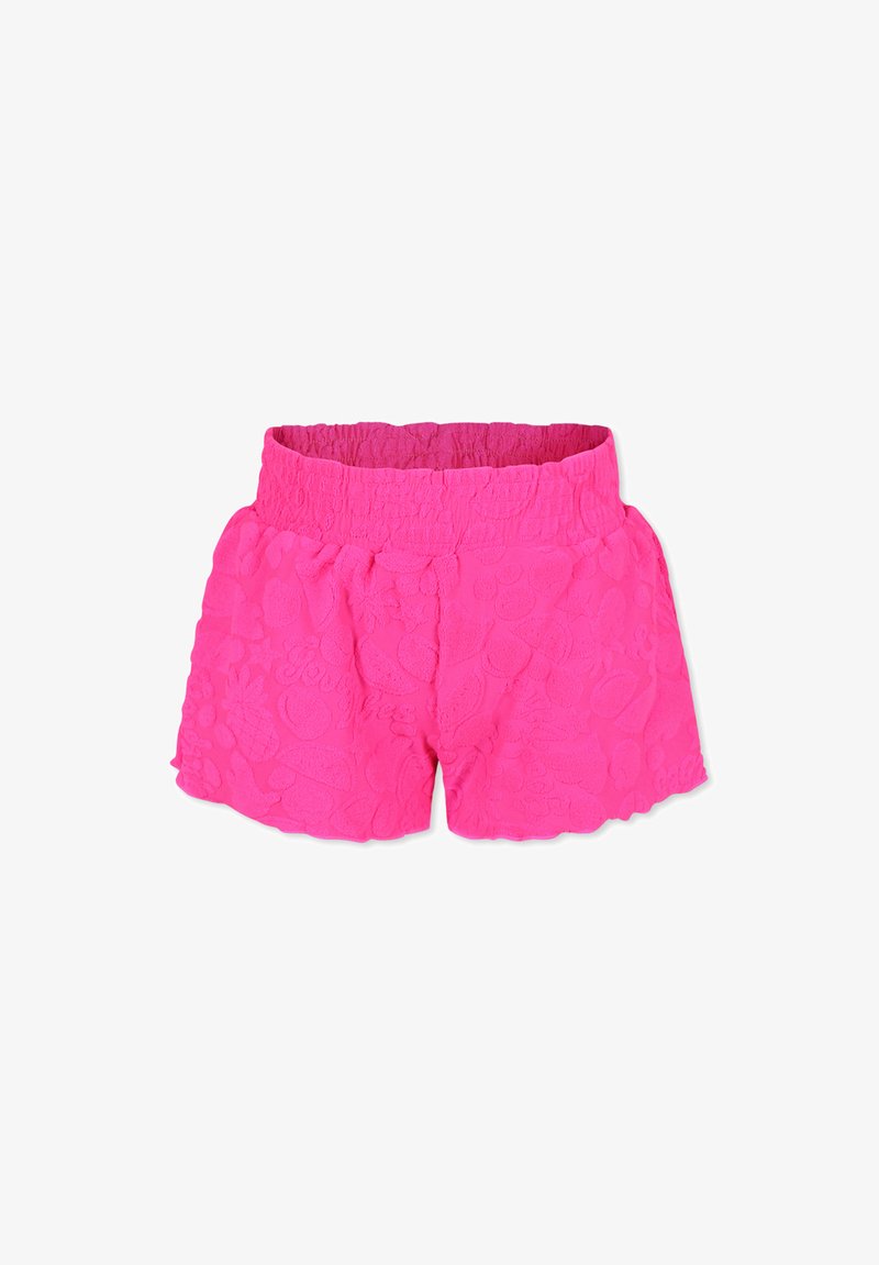Shorts rosa, testurizzati, con vita elasticizzata, caratterizzati da un motivo di frutta in rilievo. Orlo corto e vestibilità rilassata per il massimo comfort.