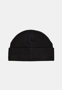 Beanie nero lavorato a maglia con una forma semplicemente arrotondata e risvolto. Realizzato in materiale morbido e flessibile, presenta una superficie liscia su tutto il tessuto.