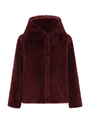 Giacca a hoodie in pelliccia sintetica bordeaux con una texture morbida, maniche lunghe, vestibilità rilassata e chiusura frontale senza chiusure visibili.