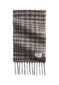Écharpe à carreaux marron et beige avec des bords à franges, en tissu doux, comportant une étiquette avec le logo de la marque "Marc O'Polo".