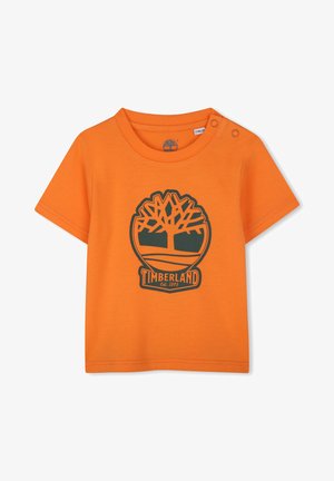 T-shirt in cotone arancione con maniche corte, caratterizzata da un logo Timberland verde scuro e una grafica ad albero. Include un dettaglio con bottoni a pressione sulla spalla.