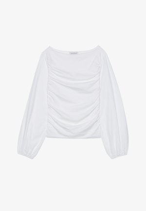 Fehér, hosszú ujjú felső, széles nyakkivágással és ráncolt részletekkel az elején. Puha anyagból készült, laza ujjak jellemzik.