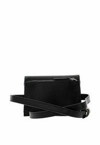 Sac bandoulière en cuir noir avec une finition texturée, doté d'une fermeture zippée sur le dessus et d'une longue sangle réglable pour un transport facile.