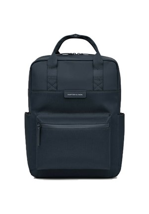 Zaino blu navy con due manici superiori, spallacci imbottiti regolabili, tasca frontale con zip e un compartimento principale con un tessuto liscio e strutturato.