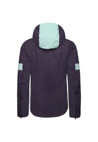 Fialová nepromokavá bunda s kapucí a mátově zelenými akcenty. Mezi funkce patří celá záda se zipy na rukávech a kontrastní ramenní panely.