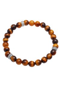 Bracciale in pietre di occhio di tigre con perle di ambra e marrone lucide, intervallate da accenti metallici decorati di tonalità argento. Forma rotonda.
