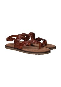 Bruine leren sandalen hebben een gevlochten band ontwerp, met een gevoerde voetbed en een flexibele rubberen zool voor comfort.