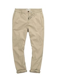 Chino in cotone beige con cintura elasticizzata, chiusura con zip e bottone. Percentuali arrotolati e superficie liscia, senza pieghe.