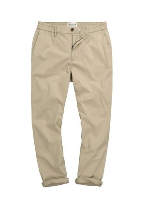 Beige Baumwoll-Chinos mit einem elastischen Bund, Reißverschluss und Knopfverschluss. Aufgeschlagene Bündchen und glatte, knitterfreie Textur.