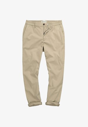Beige Baumwoll-Chinos mit einem elastischen Bund, Reißverschluss und Knopfverschluss. Aufgeschlagene Bündchen und glatte, knitterfreie Textur.