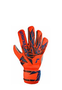 Guanti da portiere con design arancione e nero, caratterizzati da motivi geometrici e una presa testurizzata. Accenti blu lungo il polso e il logo.