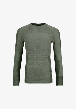 Long-sleeve shirt in dark green, featuring a textured knit pattern, raglan sleeves, crew neck, and a logo accent on the lower side.