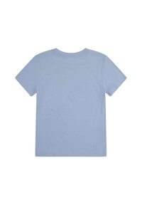 Camiseta de manga corta en algodón azul claro, con cuello redondo, espalda lisa y textura suave sin patrones ni detalles adicionales.