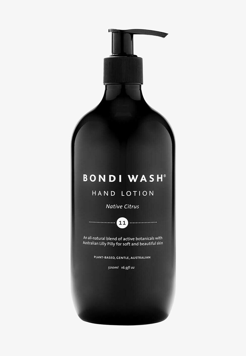 Schwarze Kunststoffpumpeflasche von Bondi Wash Handlotion; 500 ml Fassungsvermögen; weiße Textdetails; sauberes Design mit Pumpenspender.