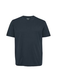 Camiseta de algodón azul marino con mangas cortas, cuello redondo y un logo sutil en el frente. Textura suave, diseño casual y silueta simple.