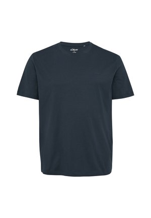 Tumesinine puuvillane T-särk lühikeste varrukatega, ümmarguse kaelusega ja peene logoga ees. Sile tekstuur, igapäevane disain ja lihtne siluett.