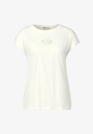 Weißes Baumwoll-T-Shirt mit Rundhalsausschnitt und kurzen Ärmeln. Mit grünem Drucktext "Quite PLAIN" auf der Vorderseite. Glatte Textur.