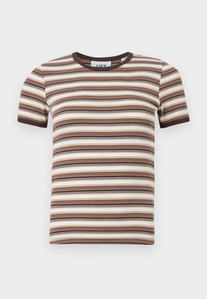 Stripete kortermet t-skjorte i nyanser av brunt og krem. Ribbet tekstur med rund hals og kontrasterende brun kant. Ledig passform.