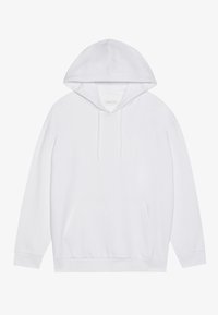 White hoodie made of soft fabric, featuring a front pocket, drawstring hood, and ribbed cuffs. Simple, unembellished design.