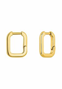 Pendientes de metal en tono dorado con un diseño rectangular, ligeramente redondeado, que presenta un detalle de bisagra, textura suave y superficie reflectante.