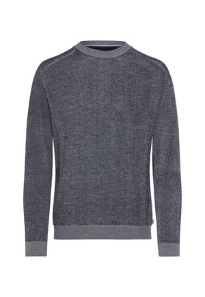 Maglione lavorato a maglia in grigio scuro con scollatura a girocollo, texture a coste e polsini e orlo grigi a contrasto. Presenta una vestibilità classica.