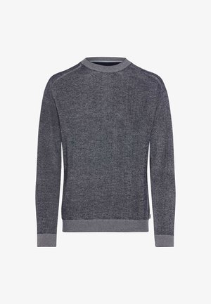 Striktrøje i mørkegrå med rund halsudskæring, ribbet struktur og kontrastgrå manchetter og nederkant. Har en klassisk pasform.