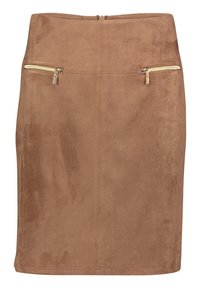 Brun fuskmockaskjol med rak skärning, utrustad med två framfickor med dragkedja och guldfärgade detaljer samt en diskret bakre dragkedja. Slät textur.