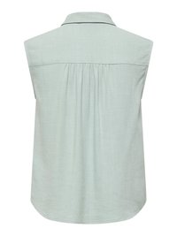 Chemise sans manches gris clair avec de petits plis dans le dos et un col court, vue de dos.