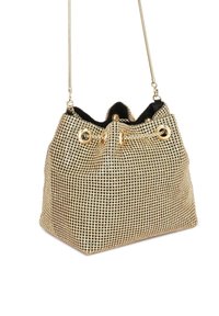 Borsa a secchiello dorata con superficie texture, chiusura a cordoncino e hardware metallico. Presenta un interno nero. Tracolla a catena regolabile.