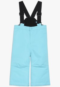 Pantalones de nieve infantiles de color azul claro con tirantes ajustables negros y cierre frontal a presión, diseñados para el uso invernal.