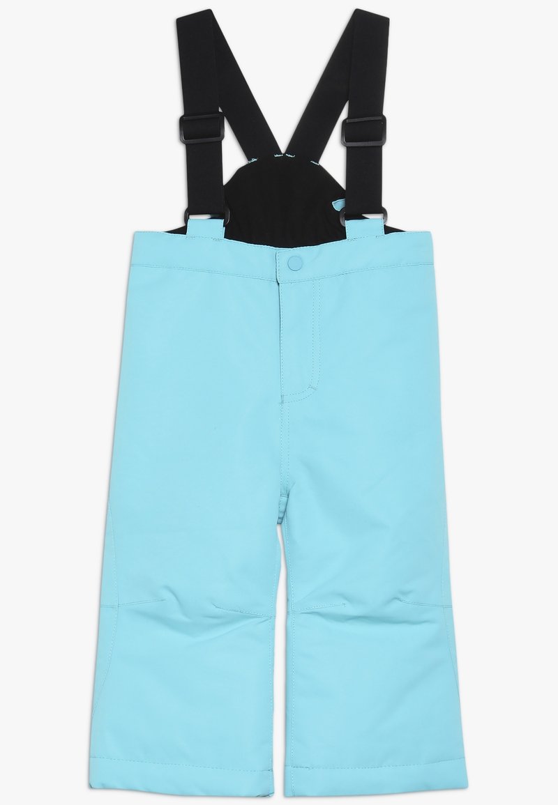 Pantalones de nieve infantiles de color azul claro con tirantes ajustables negros y cierre frontal a presión, diseñados para el uso invernal.