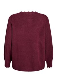 Burgunderfarbener Pullover mit langen Ärmeln, einem runden, gekerbten Ausschnitt und geripptem Saum. Aus weichem, strukturiertem Strickstoff gefertigt.