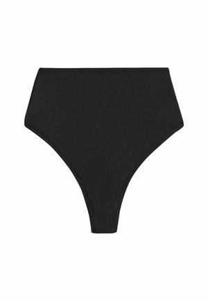 Zwarte high-waisted bikinionderkant gemaakt van rekbaar materiaal met een gladde textuur, met schone randen en zonder zichtbare hardware of patronen.