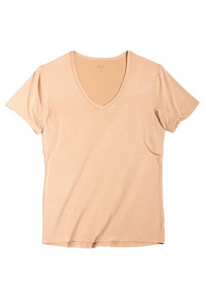 Beige V-Ausschnitt T-Shirt mit kurzen Ärmeln aus weichem Material mit glatter Textur. Verfügt über saubere Nähte und ein lässiges Schnittdesign.